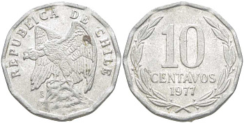 Чили 10 сентаво 1977 KM 205a алюминий 4402-413