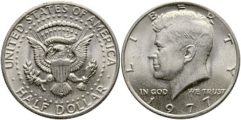 США 1/2 ДОЛЛАРА ( 50 ЦЕНТОВ ) 1977 ДЖОН КЕННЕДИ KM А202b медь плакированная медно-никелем 1523-512