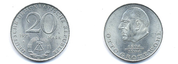 ГДР 20 марок 1973 А, Отто Гротеволь (1894-1964) KM 47 медно-никель 3333-435