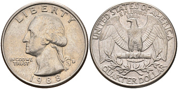 США 25 центов = квотер 1988 D, Вашингтон KM A164a медь плакированная медно-никелем 4584-1243