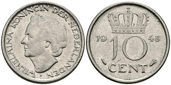 Нидерланды 10 центов 1948 Вильгельмина (1895-1948) KM 177 никель 96-538