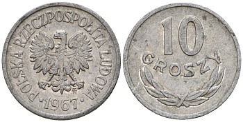Польша 10 грошей 1967 MW KM AA47, Parchimowicz 206f алюминий 4602-232