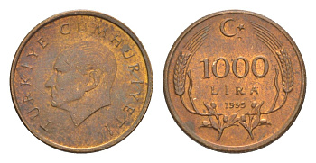 Турция 1000 лир 1995 Кемаль Ататюрк KM 1028 латунь плакированная бронзой UNC 4647-643