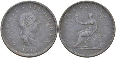 Великобритания 1/2 пенни 1806 Георг III (1760-1820) KM 662, Spink 3781 медь 32-342