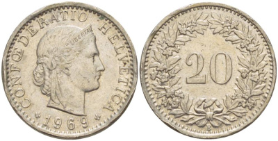 Швейцария 20 раппенов 1969 KM 29а медно-никель 4551-854