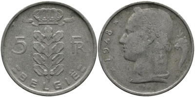 БЕЛЬГИЯ 5 ФРАНКОВ 1948 BELGIE KM 135.1 медно-никель 98-532