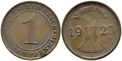 ГЕРМАНИЯ 1 РЕНТЕНПФЕННИГ 1923 E KM 30, J. 306 бронза 4387-1121