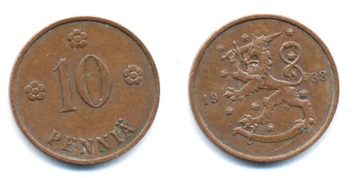 Финляндия 10 пенни 1938 KM 24 медь 51-5644