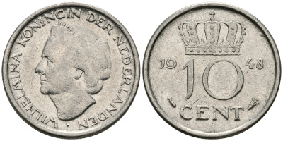 Нидерланды 10 центов 1948 Вильгельмина (1895-1948) KM 177 никель 96-538