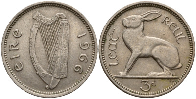 Ирландия 3 пенса 1966 заяц KM 12a медно-никель 4189-716