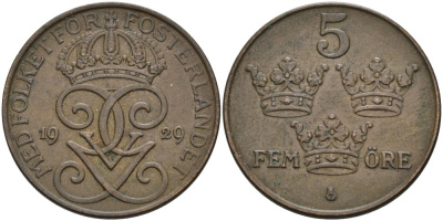 Швеция 5 эре 1929 Густав V (1907-1950) KM 779.2 бронза 4557-616