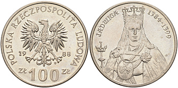 Польша 100 злотых 1988 MW, серия Польские правители, королева Ядвига (1384-1399) KM 183 медно-никель  UNC  4593-1121