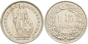 ШВЕЙЦАРИЯ 1 ФРАНК 1969 В KM 24а.1 медно-никель 4544-422