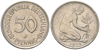 ФРГ 50 пфенингов 1975 J KM 109 медно-никель UNC 4529-624