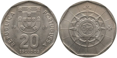 ПОРТУГАЛИЯ 20 ЭСКУДО 1987 KM 634.1 медно-никель 181-411