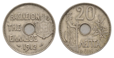 Греция 20 лепт 1912 Георг I (1863-1913), Афина KM 64 никель aUNC 4654-1114