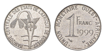 Западная Африка (BCEAO) 1 франк 1999 Центральный банк государств Западной Африки KM 8 нержавеющая слава UNC 4643-737