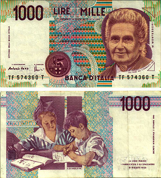 Италия 1000 лир 1990 Мария Монтессори Pick 114c 8611-15-1