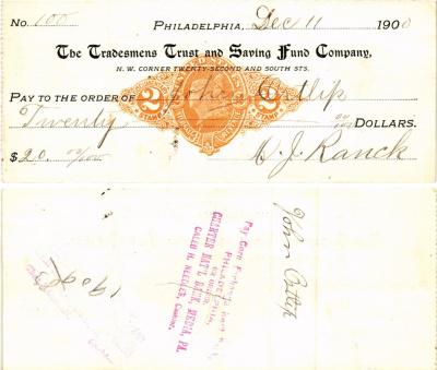США чек на 20 долларов 1900 Филадельфия бумага 3295-59-3-2