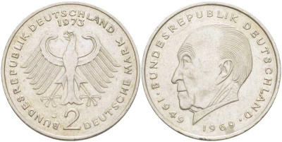 ФРГ 2 МАРКИ 1973 J, КОНРАД АДЕНАУЭР KM 124, J. 406 медно-никель плакированный никелем 117-651