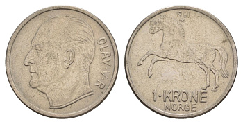 Норвегия 1 крона 1960 Улаф V (1957-1991) KM 409 медно-никель 4635-641