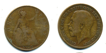 Великобритания 1 пенни 1920 Георг V (1910-1936) KM 810, Spink 4051 бронза 41-432