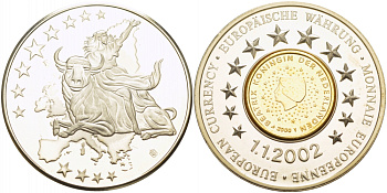 НИДЕРЛАНДЫ МЕДАЛЬ 2002 МОНЕТА НА МЕДАЛИ, СЕРИЯ ПЕРВЫЕ ЕВРОМОНЕТЫ, НИДЕРЛАНДЫ 1 ЕВРОЦЕНТ 2000 , ПОХИЩЕНИЕ ЕВРОПЫ, ДИАМЕТР 35 ММ. медно-никель PROOF 06-255-13