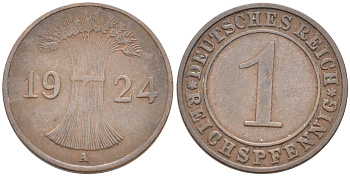 ГЕРМАНИЯ 1 РЕЙХСПФЕННИГ 1924 А KM 37, J.313 бронза 4588-341