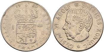 Швеция 1 крона 1969 U, Густав VI Адольф (1950-1973) KM 826a медь плакированный медно-никелем 4150-254