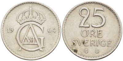 Швеция 25 эре 1964 Густав VI Адольф (1950-1973) KM 836 медно-никель 105-748