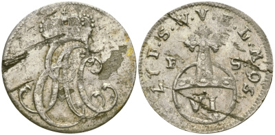 Саксен-Веймар-Эйзенах 6 пфеннигов 1756 FS, Эрнст Август II Константин (1748-1758), монограмма KM 15 , Merseburger 3979 серебро    99-969