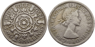 Великобритания 2 шиллинга (флорин) 1956 Елизавета II (1952-2022) KM 906, Spink 4146 медно-никель 83-1957