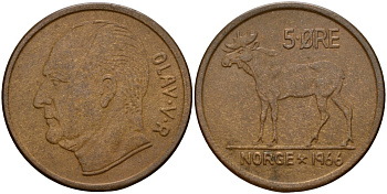 Норвегия 5 эре 1966 Улаф V (1958 - 1991) KM 405 бронза 4156-254