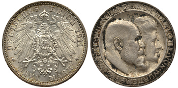 Вюртемберг 3 марки 1911 F, серебрянная свадьба Вильгельма II и Шарлотты Weege 173a, J. 177a, KM 636 серебро 413-5635