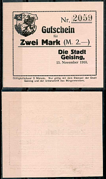 Германия, Гайзинг 2 марки 1918 нотгельд, 15.11.1918 Geiger 169.02.b бумага UNC (пресс) 444-63-3-1