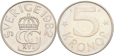 Швеция 5 крон 1982 U, Карл XVI Густав (1973- ) KM 853 медно-никель 4572-211