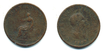 Великобритания 1/2 пенни 1807 Георг III (1760-1820) KM 662, Spink 3781 медь 4383-926
