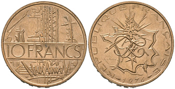Франция 10 франков 1976 тип Матье KM 940, Le Franc 365.7-8 медь алюминий никель UNC 4619-724