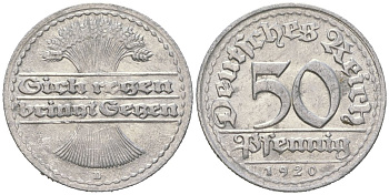 Германия 50 пфеннигов 1920 D KM 27 алюминий 31-121