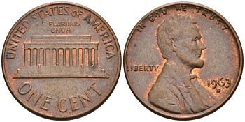 США 1 цент 1963 D, Линкольн KM 201 медь цинк 4564-422
