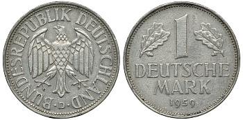 ФРГ 1 МАРКА 1959 D J 385, KM 110 медно-никель 72-652