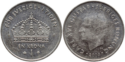 Швеция 1 крона 2004 Карл XVI Густав (1973- ) KM 894 медно-никель 177-624