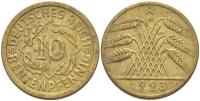ГЕРМАНИЯ 10 РЕПНТЕНПФЕННИГОВ 1923 А KM 33, J. 309 алюминиевая бронза 210-724