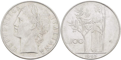ИТАЛИЯ 100 ЛИР 1965 R, АФИНА, ДИАМЕТР 28 ММ. KM 96.1 нержавеющая сталь 4521-925