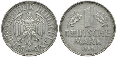 ФРГ 1 МАРКА 1959 D J 385, KM 110 медно-никель 72-652