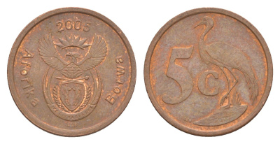 ЮАР 5 центов 2005 герб, райский журавль KM 291 сталь плакированная медью 4621-664