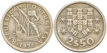ПОРТУГАЛИЯ 2,5 ЭСКУДО 1976 ПАРУСНИК KM 590 медно-никель 4523-1055