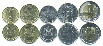 Марокко лот из 5 монет 2011-2012 (10, 20 сантимов, 1/2, 1, 5 дирхамов) UNC N3-15
