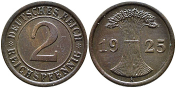ГЕРМАНИЯ 2 РЕЙХСПФЕННИГА 1925 A, ВЕЙМАРСКАЯ РЕСПУБЛИКА (1919-1933) KM 38, Jager 314, Weege 4 бронза 4546-833