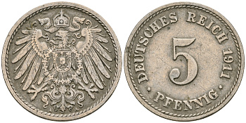 Германия 5 пфеннигов 1911 A KM 11, J. 12, Weege 6 медно-никель 08-1456
